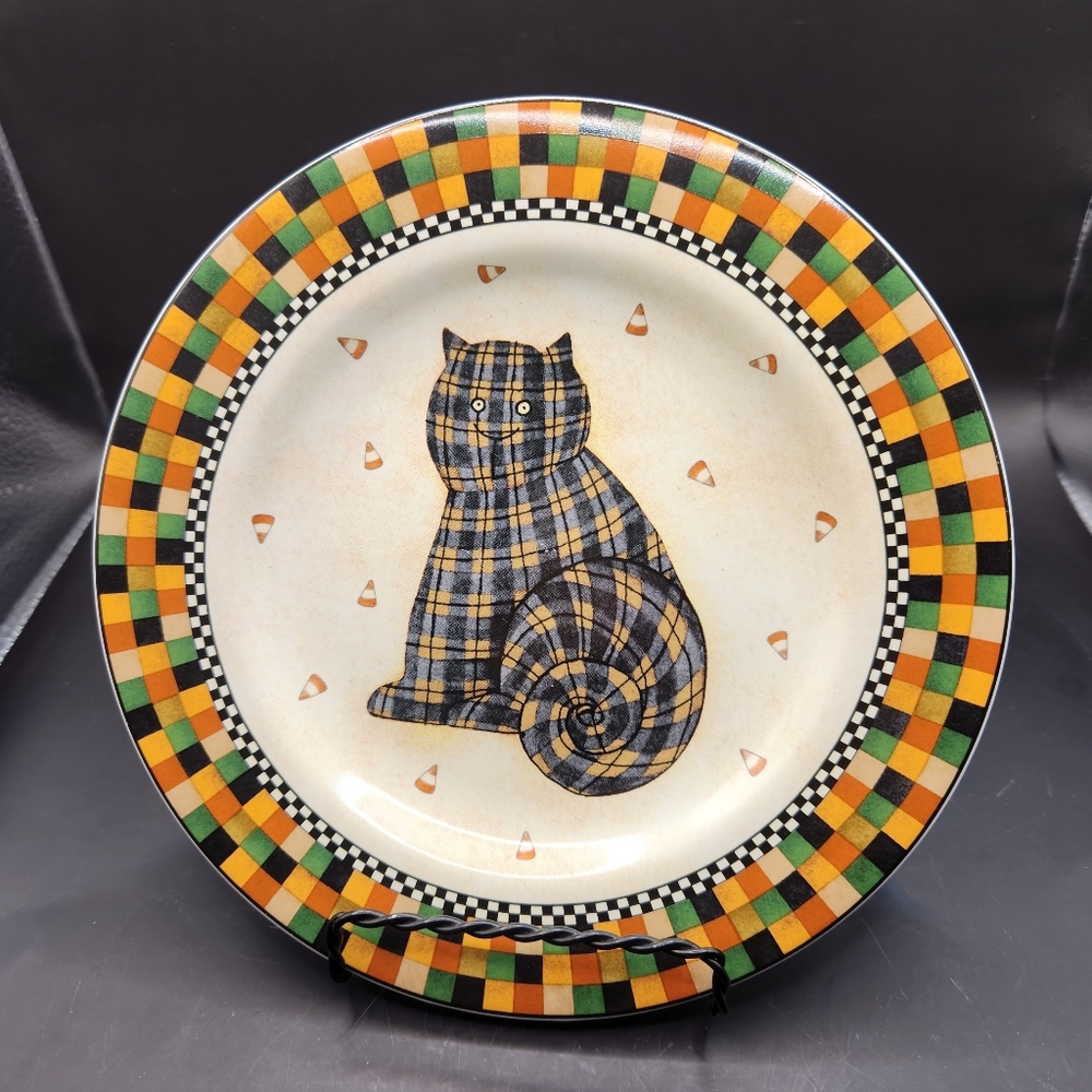1998 Debbie Mumm Sakura Halloween Plaid Cat Salad/Dessert Plates, Set of 2